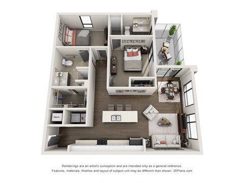 Floor plan for 2 beds, 2 baths, 1067 sqft
